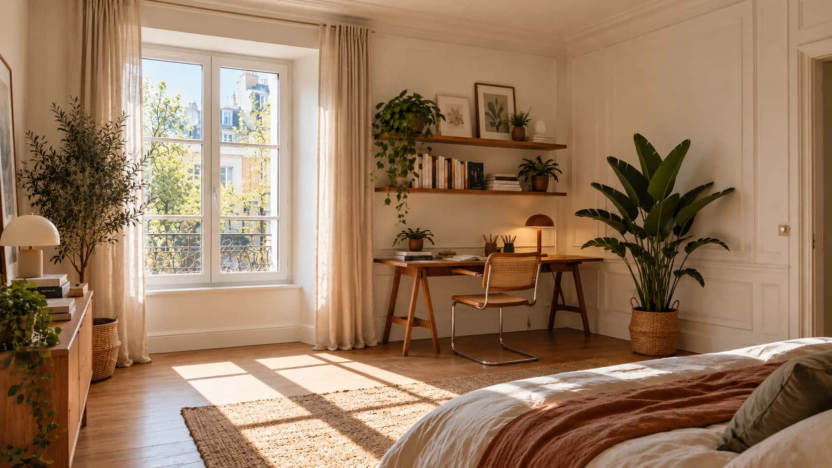 Une pièce rénovée : parquet, bureau, bibliothèque, plantes et murs moulurés