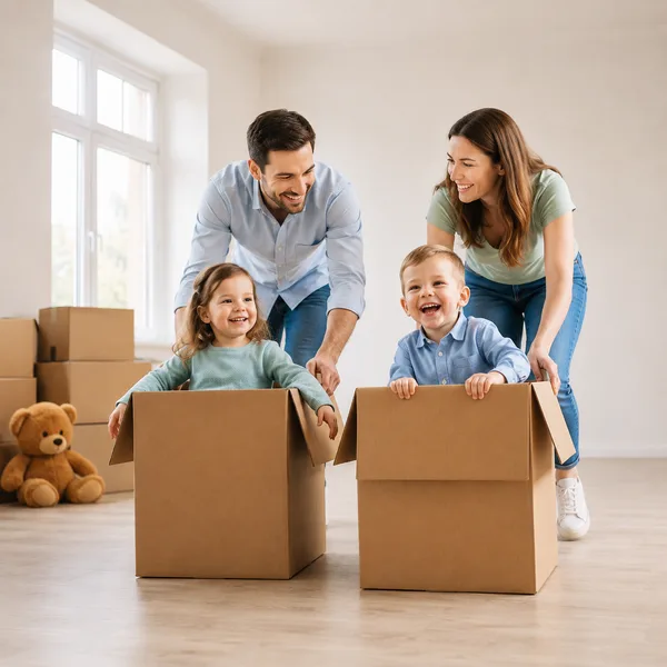 Famille qui emménage, les enfants jouent dans les cartons