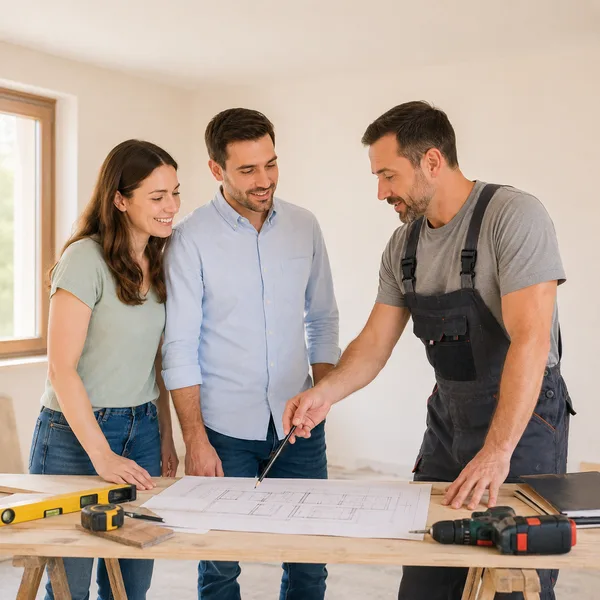 Couple étudiant les plans des travaux avec un artisan